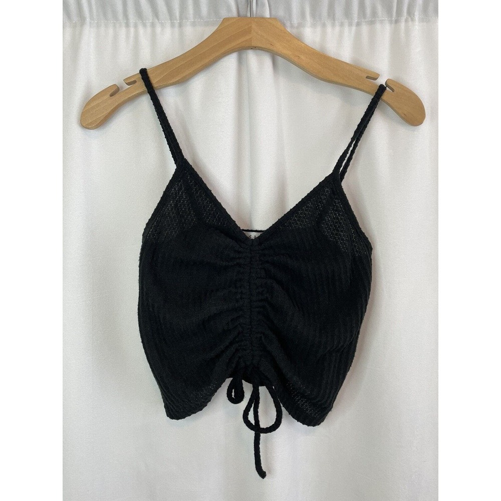 Gaze Womens Size Small Ruched Tie Front Tank Black Waffle Knit Spaghetti Strap